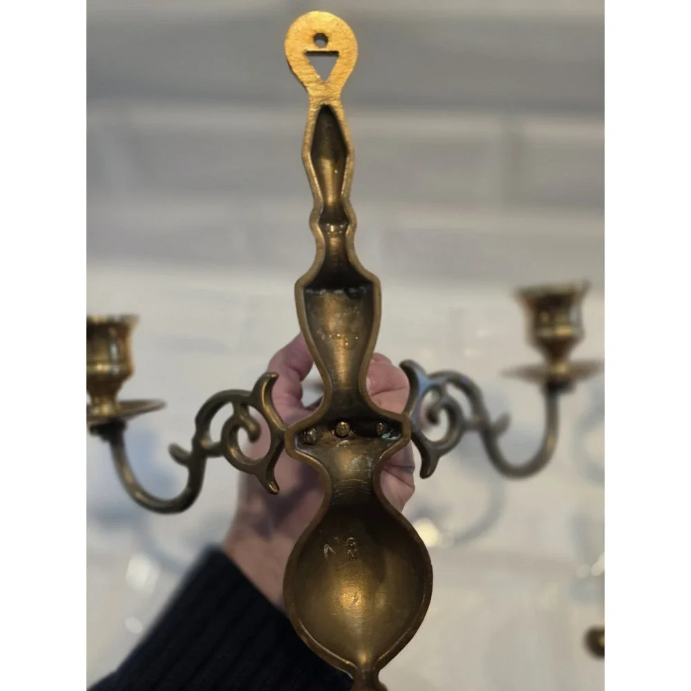 2 Vintage Brass 3 Arm Colonial Wall Sconce Candle Holders Pair 9